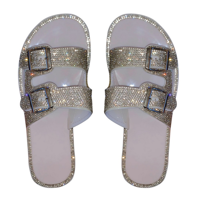 

Rhinestone Slippers Women 2020 New Female Fashion Wild Beach Flip Flop Bright Diamond Flat Bottom Outdoor Wild Student Sandals, White