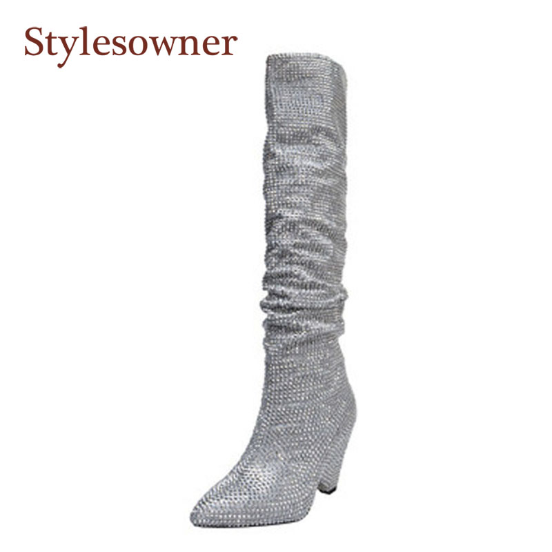 

New Arrivial Full Rhinestone Silver Boots Pointed Toe Sexy High Shoes Thick-heel Knee-High Women Flock Fashion Motorcycle boots