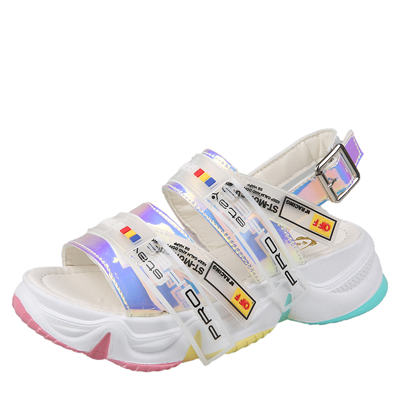 

new 2020 summer dazzle colour laser torre shoes female sponge rainbow bottom sport sandals recreational ins wet shoes, See chart