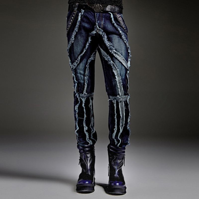

28-38 ! Men's clothing fashion Autumn winter male jeans straight male personality slim plus size hole trousers singer costumes, Blue