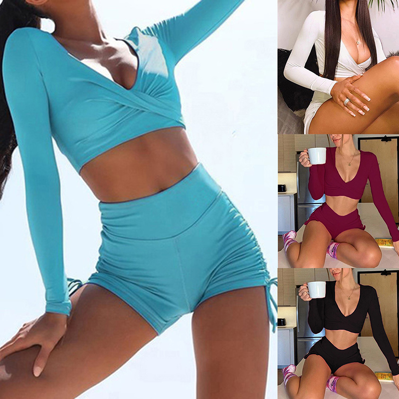 

Sexy Women 2PCS Yoga Set Female Long Sleeve Tank Top Bra Fitness Shorts Running Gym Sports Clothes Suit, White