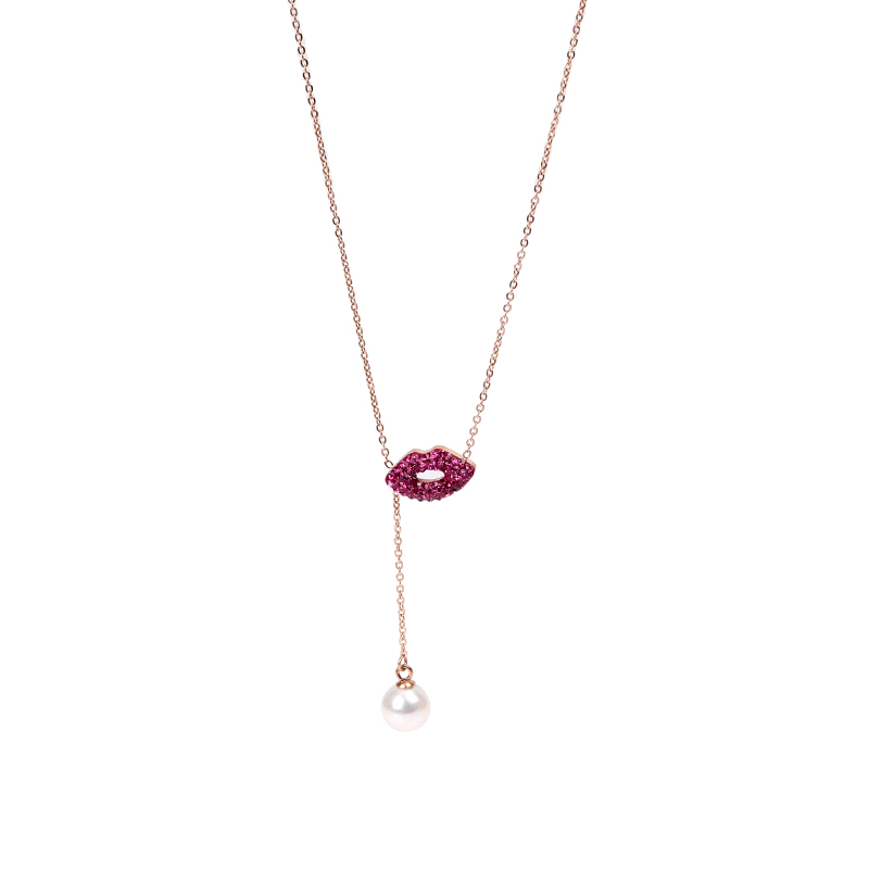 

YUN RUO 2020 New Arrivals Rose Gold Color Crystal Lip Pendant Necklace Fashion Titanium Steel Woman Jewelry Not Fade & Allergic