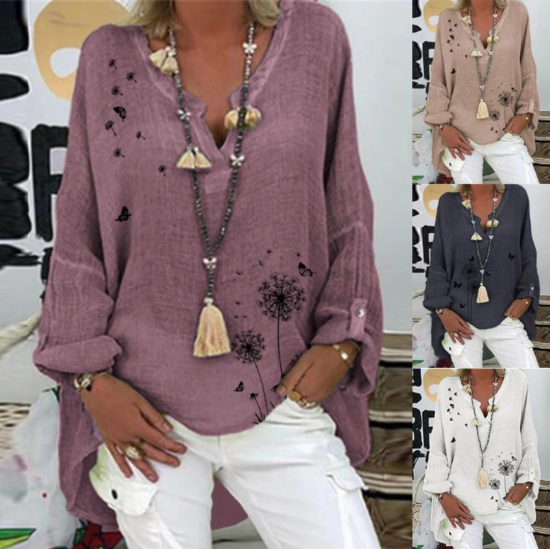 

Women Plus Size Blouses Shirts Women Casual Long Sleeve Floral Print Loose V-neck Shirt Blouse Summer Top Camisa Femenina, White