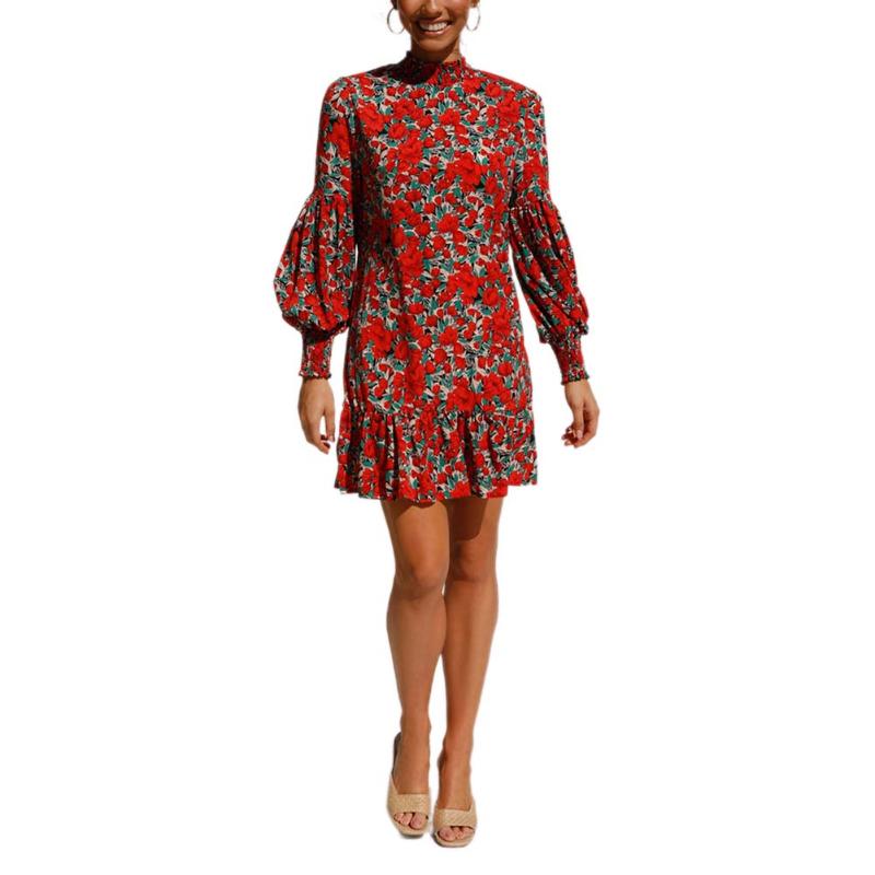 

New Fashion Women Ladies Autumn Casual Long Sleeve Floral Dress Stand Collar Mini Dress Red Yellow
