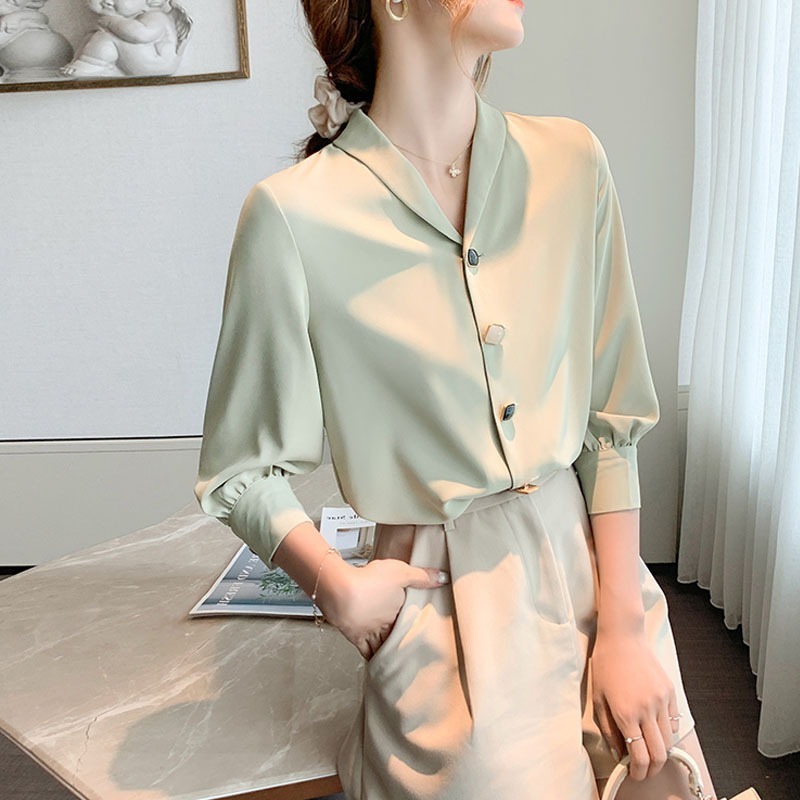 

2020 early autumn new long-sleeved shirt women' French fashion blouse design sense niche temperament sweet chiffon shirt, Matcha green
