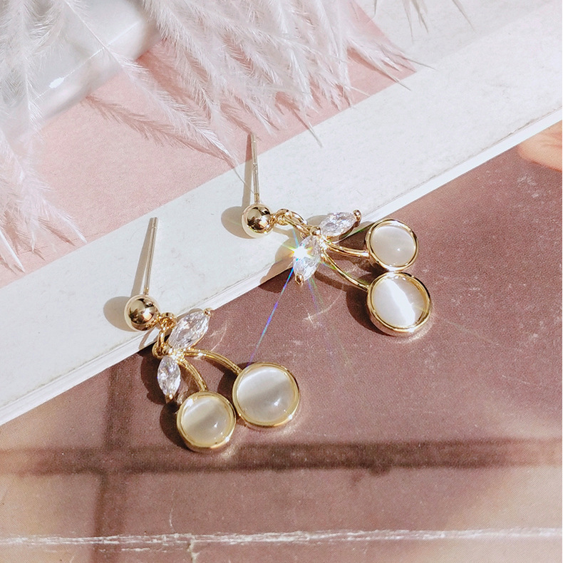 

New Opal Earrings Women's Net Red New Cherry Earrings Simple Students Versatile Fresh Earrings Wholesale Accessories