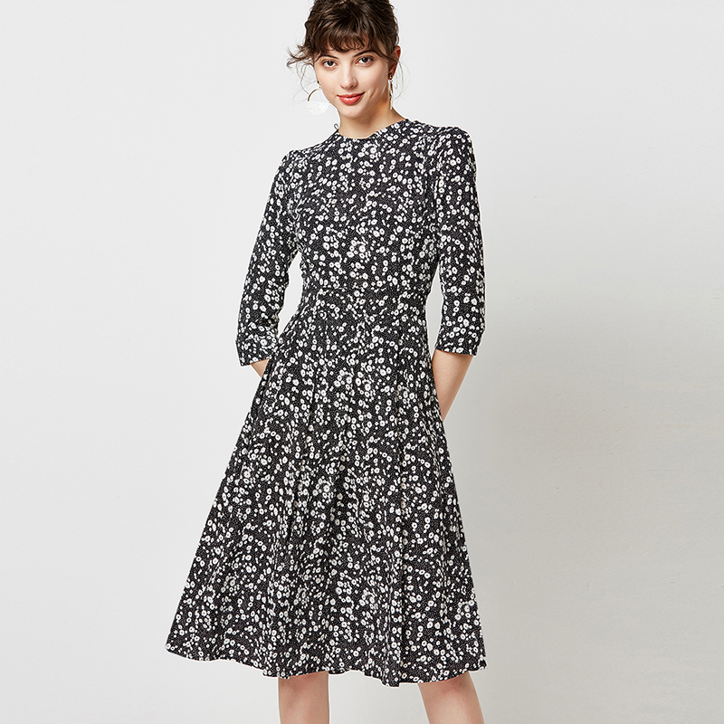 

Elegant O-neck Women A-line Pleated Dress 2020 Floral Print Party Midi Dress Vintage Three Quarter Sleeve Female Autumn Dresses, Black