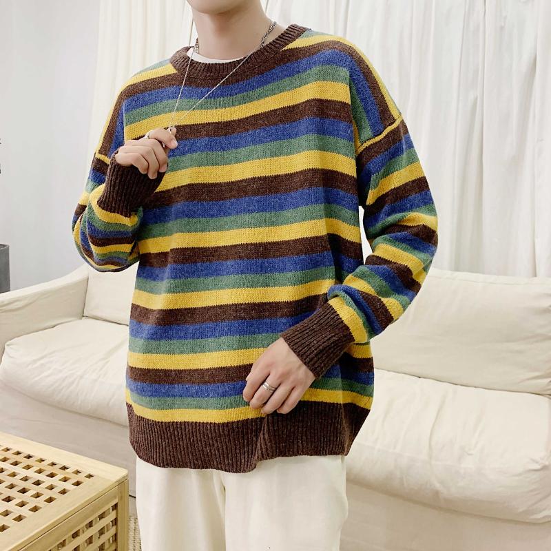 

2020 Winter Men's Stripe In Warm Knitting Casual Cashmere Sweater Loose Coats Male Loose Woolen Yellow/blue Color Pullover -2XL