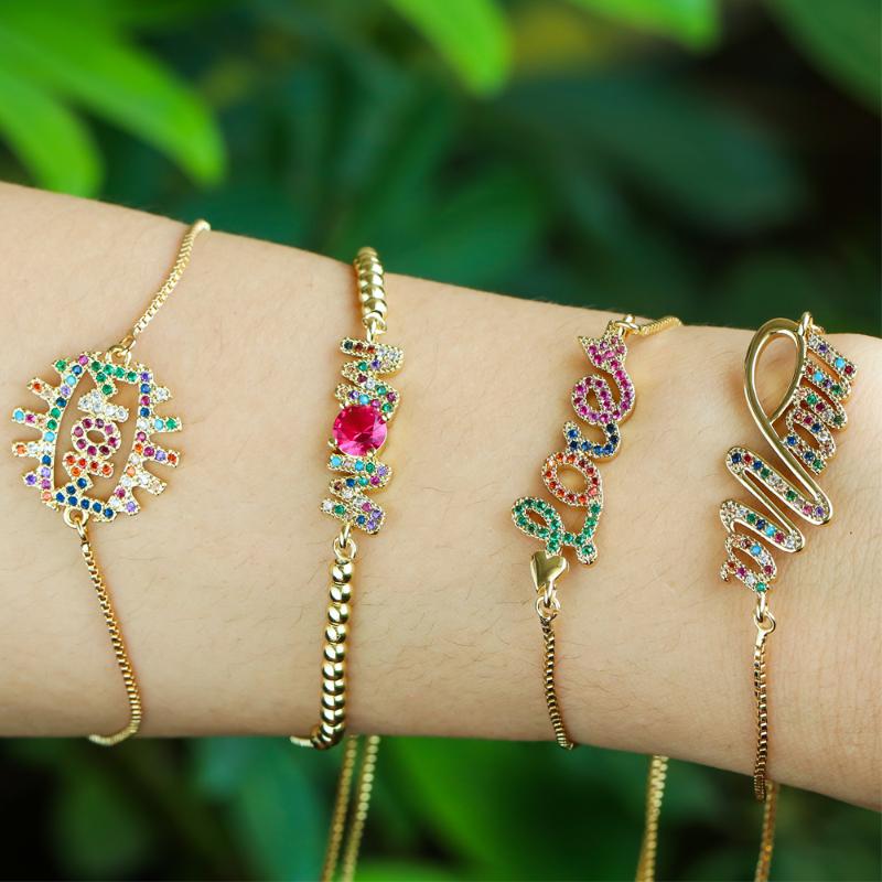 

EYIKA Love MOM/mama Charm Bracelet gift for Mother paved colorful Zircon love heart bangle rainbow women jewelry Tennis pulseira