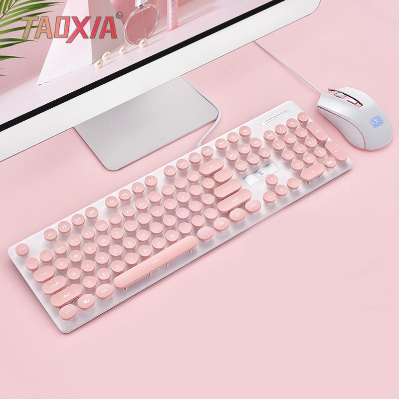 

Keyboard And Mouse Set Wired Game Office Girl Notebook Desktop Computer Keyboard Silent Mouse Thin Retro Punk Style