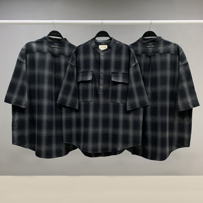 

FEAR OF GOD Plaid Shirts Loose Streetwear Shirts Fashion Style Stand-up Collar Henry Button Short Sleeves Man Woman Casual Shirts Blouses, Black