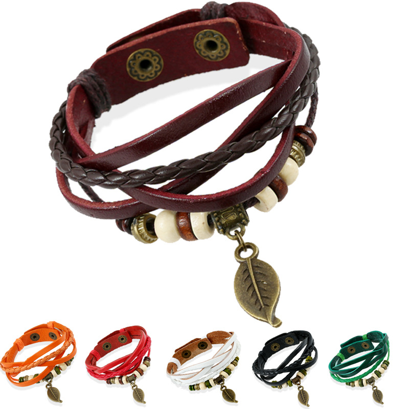

Fashion Genuine Leather Bracelets Alloy Leaf Charm 7 Colors White Orange Green Blue Black Brown White Women Fashion Bracelet