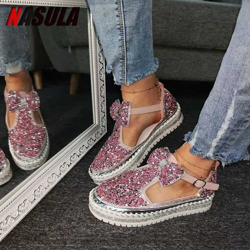 

2020 Women Bowknot Sandals Crystal Diamonds Women Platform Flats Loafers Bling Woman Shoes Rhinestone Ladies Casual Shoes, Black