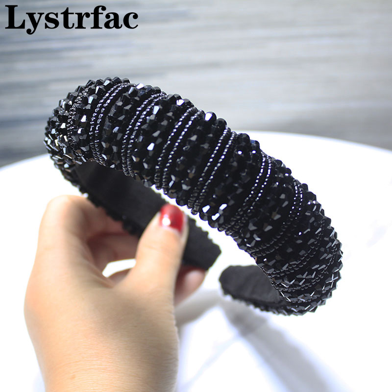 

Lystrfac Black Luxury Rhinestone Padded Headband for Women Beads Bezel Vintage Baroque Hairband Wedding Party Hair Accessories