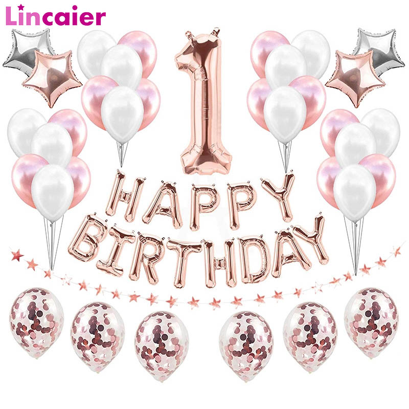 

1st Birthday Rose Gold Balloons Foil Number Ballons First Happy Birthday party Decorations Baby Boy Girl One Year Supplies Decor