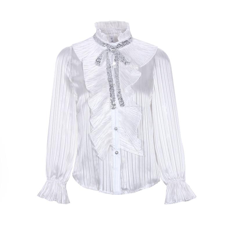 

Women' 2020 New Fashion Sequined Bowknot Long Sleeve Flared Women Shirts Sleeve Chiffon Shirt Ruffle, Black