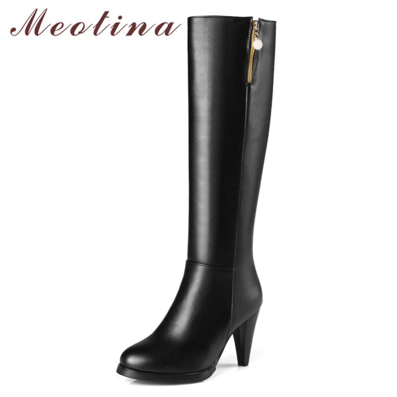 

Meotina Winter Knee High Boots Women Zipper Spike Heels Long Boots Fashion Super High Heel Tall Shoes Female Autumn Big Size 45, Black