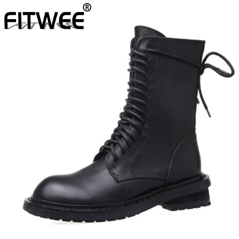

FITWEE Woman Ankle Boots Genuine Leather Lace Up Women Winter Shoes Cool Flat Heel Short Boots Woman Footwear Size 34-39, Black