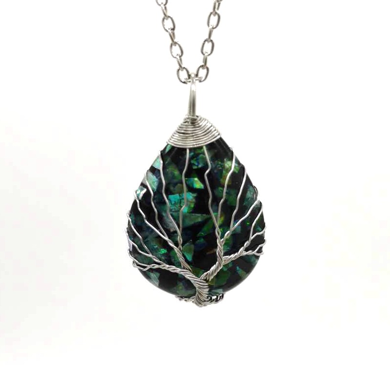 

Tree of Life Pattern Colorful Waterdrop Shell Effect Pendant Necklace Jewelry for women Copper wire winding