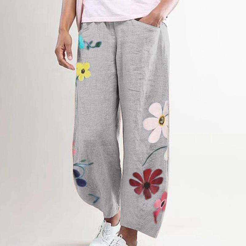 

Women Casual Harem Pants Summer Elastic Waist Wide Leg Pants Vintage Floral Print Trouser Femme Loose Pantalon Plus Size, Blue