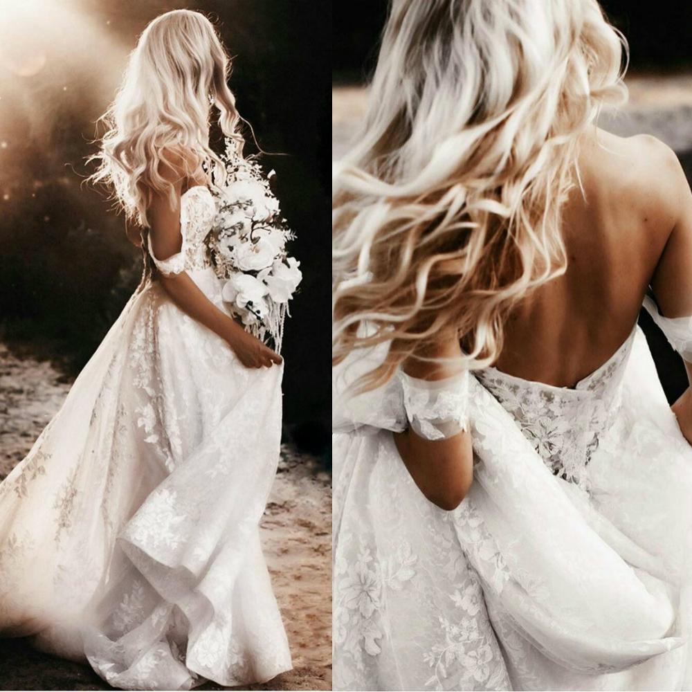 

Off Shoulder Country Wedding Dresses Backless Lace Tulle Boho vestido de novia Sexy Beach Bridal Wedding Gowns Cheap, Red