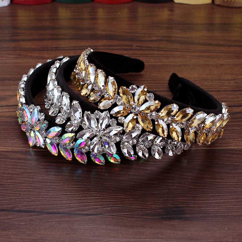 

Wide Velvet Fashion AB Gold Silver Color Crystal Leaf Headbands Rhinestone Women Hairbands For Wedding Party Hair Jewelry