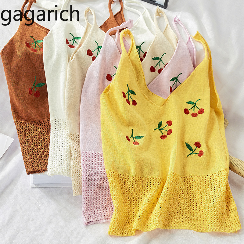

Gagarich Women Vest 2020 Spring New Style V-neck Cute Cherry Embroidered Hollow Out Knitting Female Tops, Beige