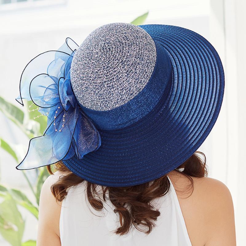 

Sun Hat Female Wide Brim Velvet Beach Hats Elegant Summer Anti-UV Caps Color-Matching Silk Yarn Straw Hat Vacation Flowers Blue, Red