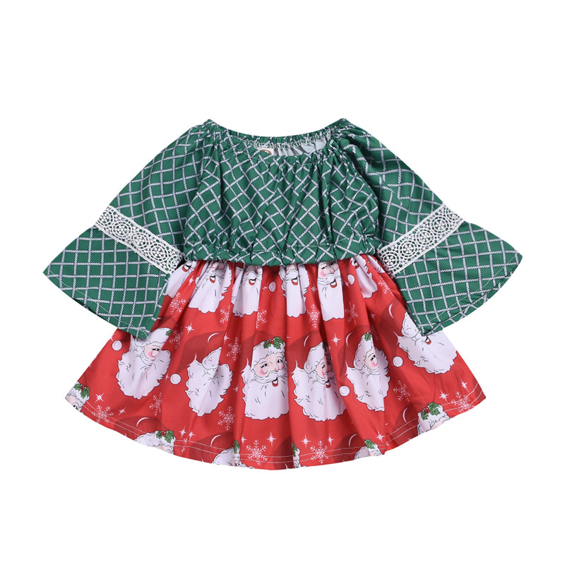 

1-3Y Toddler Baby Little Girls Christmas Dress Long Wide Lace Patchwork Sleeve Santa Print A-Line Prince Dress, As pic