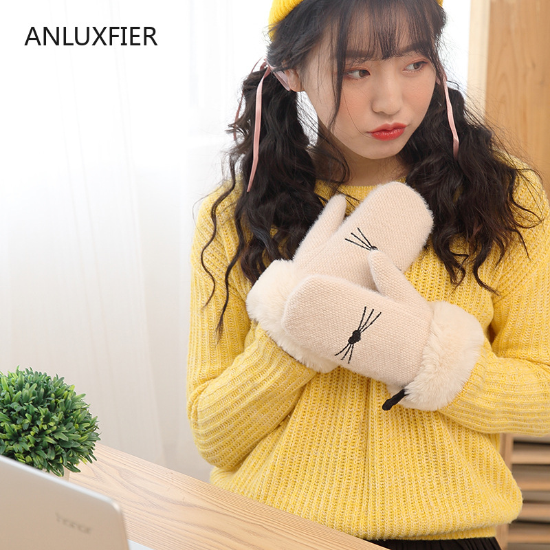 

H9930 Women Lovely Mittens Ladies Warm Autumn Winter Fleece Thermal Gloves Outdoor Riding Driving Korean Students Cute Hand Muff