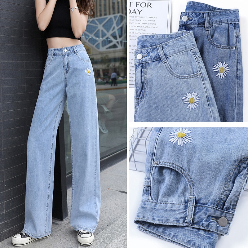 

2020 Upscale Women Jeans High Waist Loose Wide Leg Pants Ladies Long Pants Denim Trousers Full-length Streetwear Casual Fashion, Navy blue