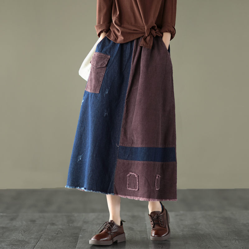

2020 Autumn Retro Color Combination Corduroy Skirt Elastic Waist Frayed Mid-length Women's Skirt Vintage A-line Femme Jupe Y196, Magenta navy