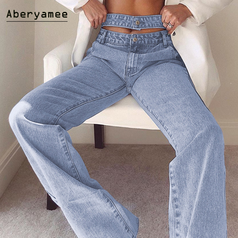 

Aberyamee High Waist Jeans Woman Street Straight Pockets Denim Pants Casual Hollow Solid Ladies Fashion Trousers, Blue
