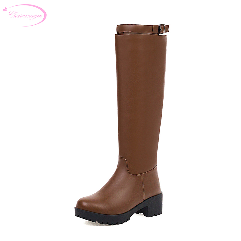 

Casual autumn riding boots comfortable round toe zipper buckle strap black brown knee-high heels chunky women's shoes big size