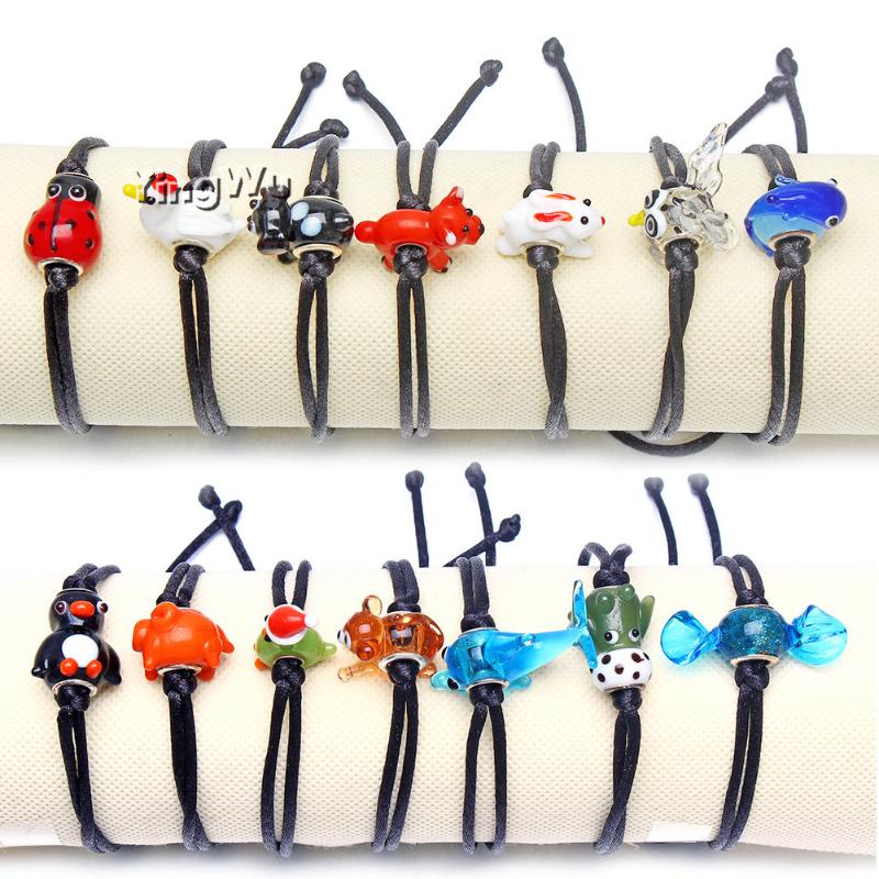 

Yingwu Multicolor Mix Styles Lot 30pcs Handmade 3D Cute Animal Shaped Glass Beads Adjustable Rope Bracelets Children Jewelry