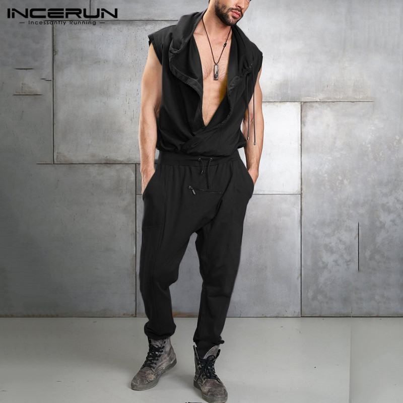 

Fashion Men Jumpsuits Solid Color Hooded Streetwear Sleeveless V Neck Overalls Pockets Joggers Casual Cozy Rompers Pants INCERUN, Purple