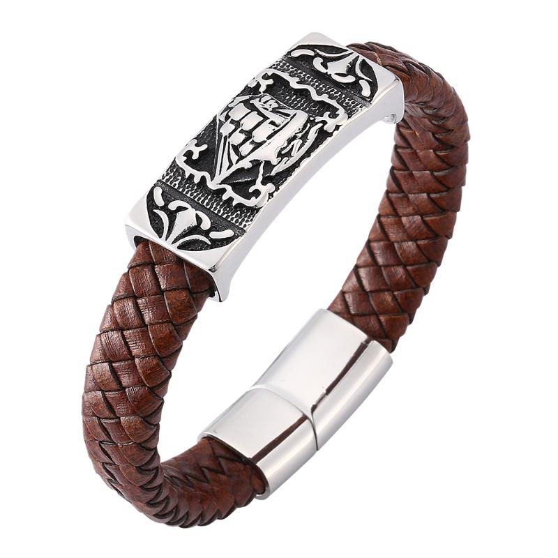 

Vintage creative men's brown woven leather bracelet Stainless steel magnetic buckle fashion glamour bracelet 7-SP0165