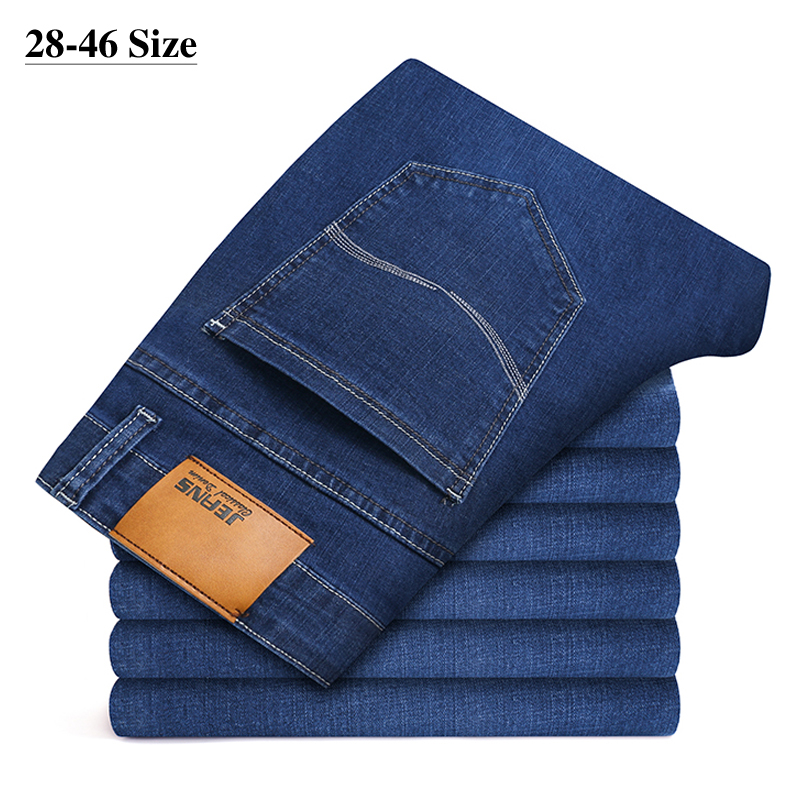 

Plus Size 42 44 46 Autumn Men's Straight Jeans Elasticity Slim Fit Business Casual Denim Pants Male Fashion Brand Trousers, Blue