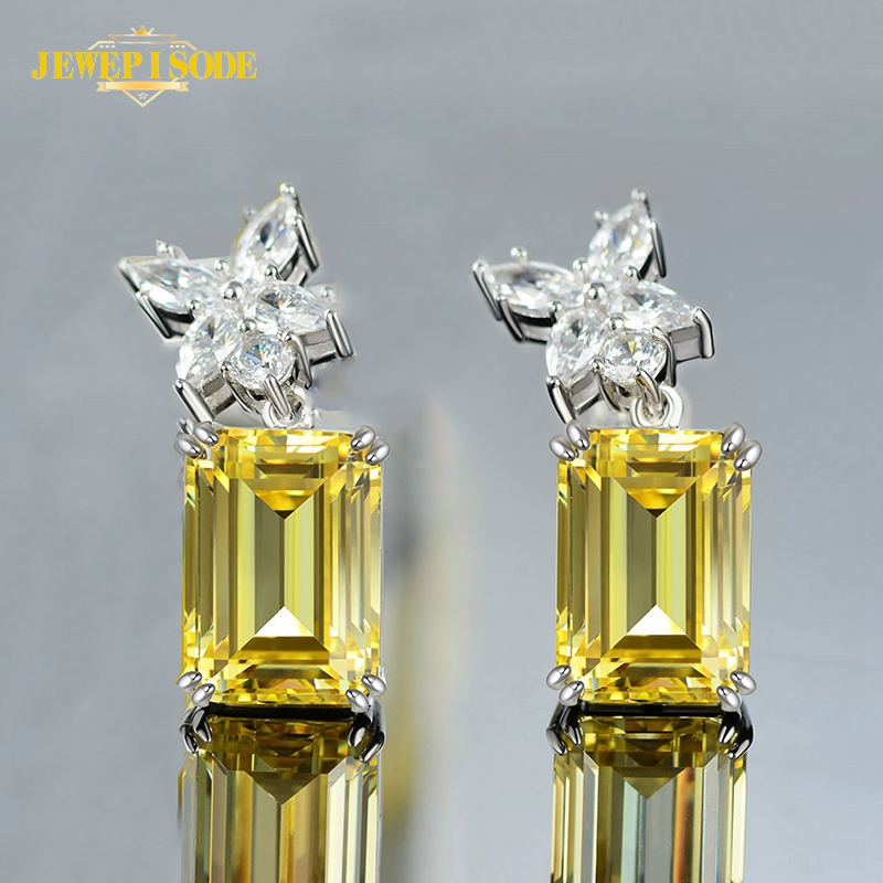 

Jewepisode Brand Emerald Cut 10x14MM Citrine Lad Moissanite Drop Earrings Pure 925 Sterling Silver Earrings Fashion Fine Jewelry
