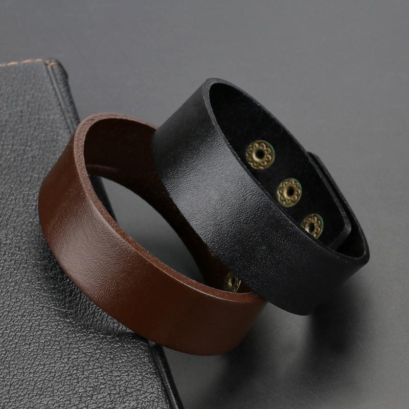 

2020 Punk Black Dark Brown Real Genuine Cow Leather with Rivets Charm Macrame Unisex Wide Big Bracelet Bangle Men Women Jewelry