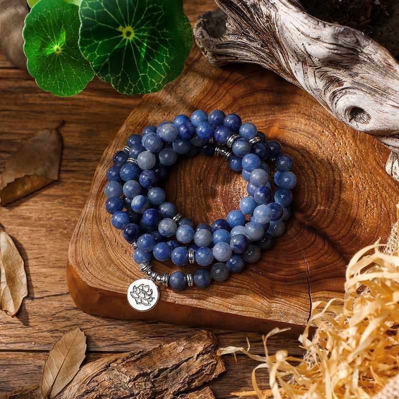 

New Arrival Design Women's Mala Beads Bracelet Vintage Blue Aventurine Quartz Yoga Bracelet Necklace Lotus
