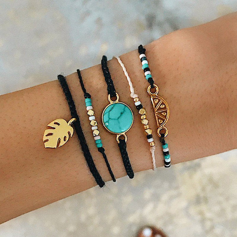 

5 Pcs/ Set Women Fashion Colorful Hand Woven Leaves Beads Gem Rope Chain Multilayer Bracelet Set Combination Jewelry Accessories