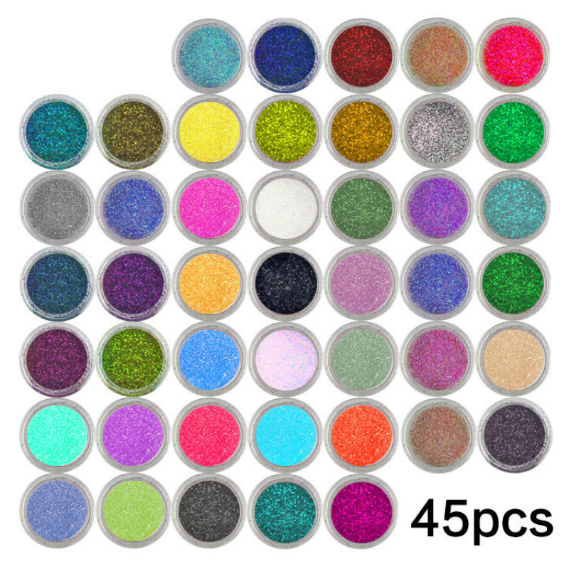 

45pcs Nail Glitter Assorted Colors Nail Art Fine Glitters Powder Dust UV Gel Polish Acrylic Tips Makeup Tools