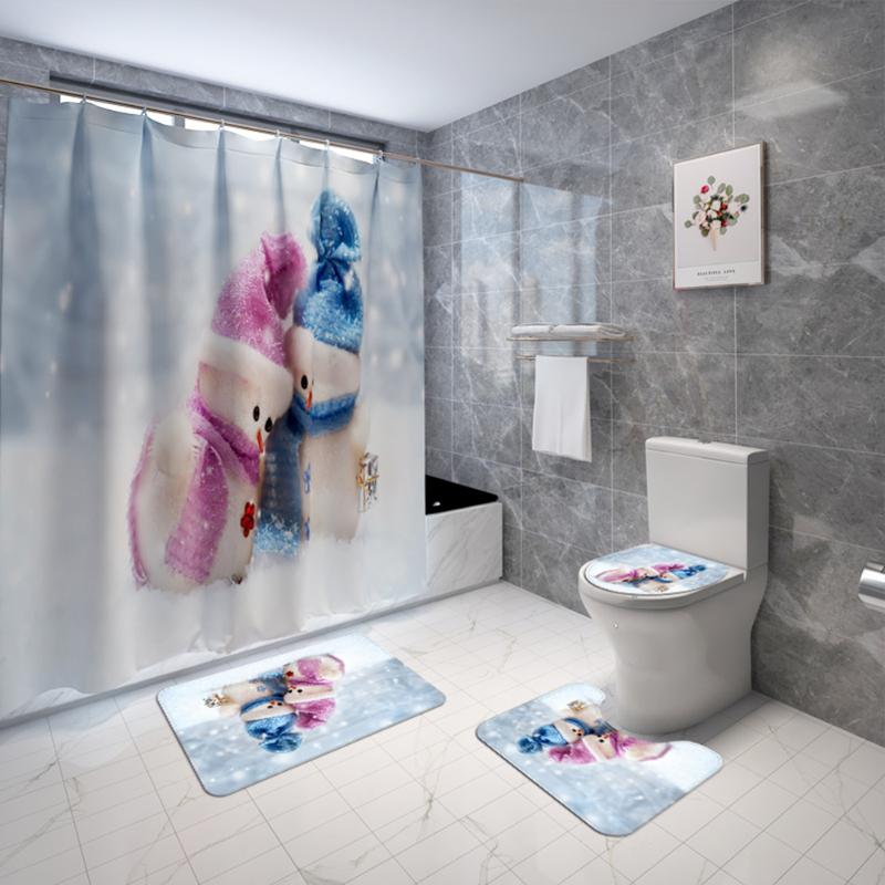 

Christmas Snowman Print Bathroom Combination Set Shower Curtain + Bath Mat+ Lid Toilet Cover + Toilet Pedestal Rug 4 Pieces Set