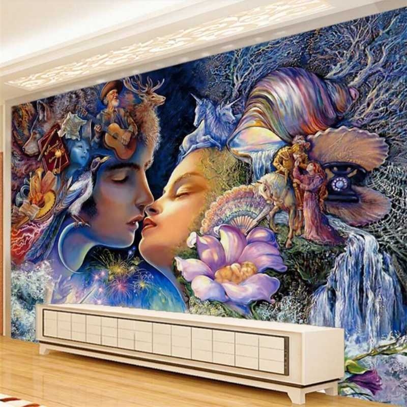 

Customize Beautiful Elf couple oil painting TV background wall custom large mural green silk cloth wallpaper papel de parede