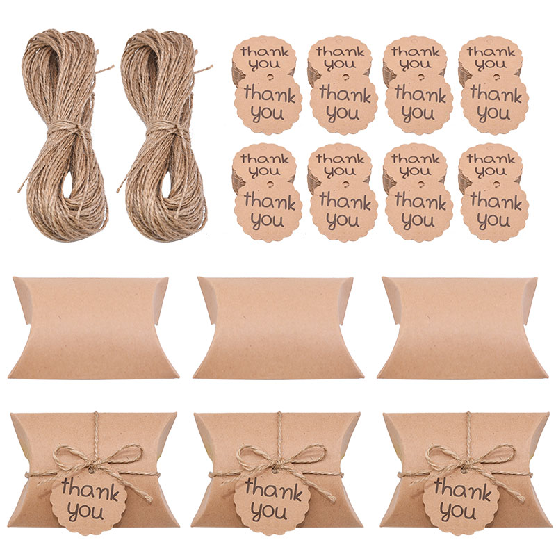 

20pcs Kraft Paper Box Square Pillow Candy Box With Tank You Label Tag For Christmas Birthday Wedding Party Decoration Gift Favor