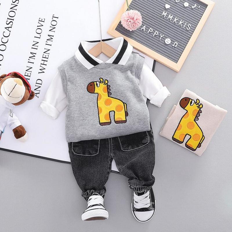 

2020 New Spring Autumn Baby Boys Clothes Long-sleeved lapel T-shirt + Giraffe vest + Jeans 3PCS Suit for Boys Clothing, Blue
