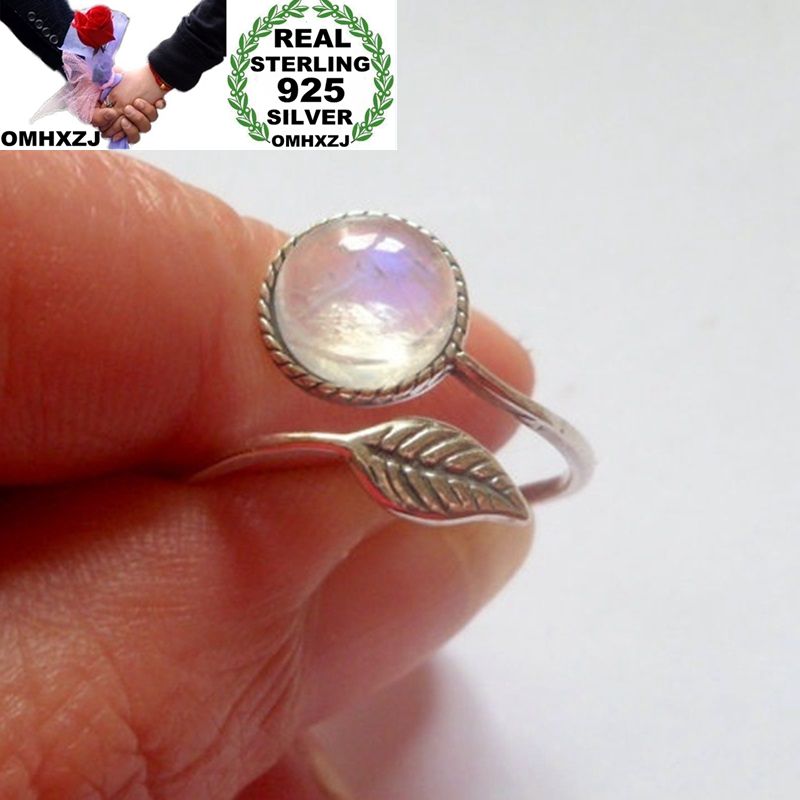 

OMHXZJ Wholesale European Fashion Woman Girl Party Wedding Gift Silver Leaf White Moonstone 925 Sterling Silver Ring RR228