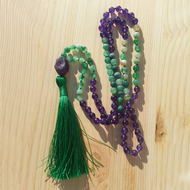 

Raw Amethysts Pendant Necklace Green A-gate Knotted Necklace Long Tassel Mala Boho Jewelry Handmade Gift For Her