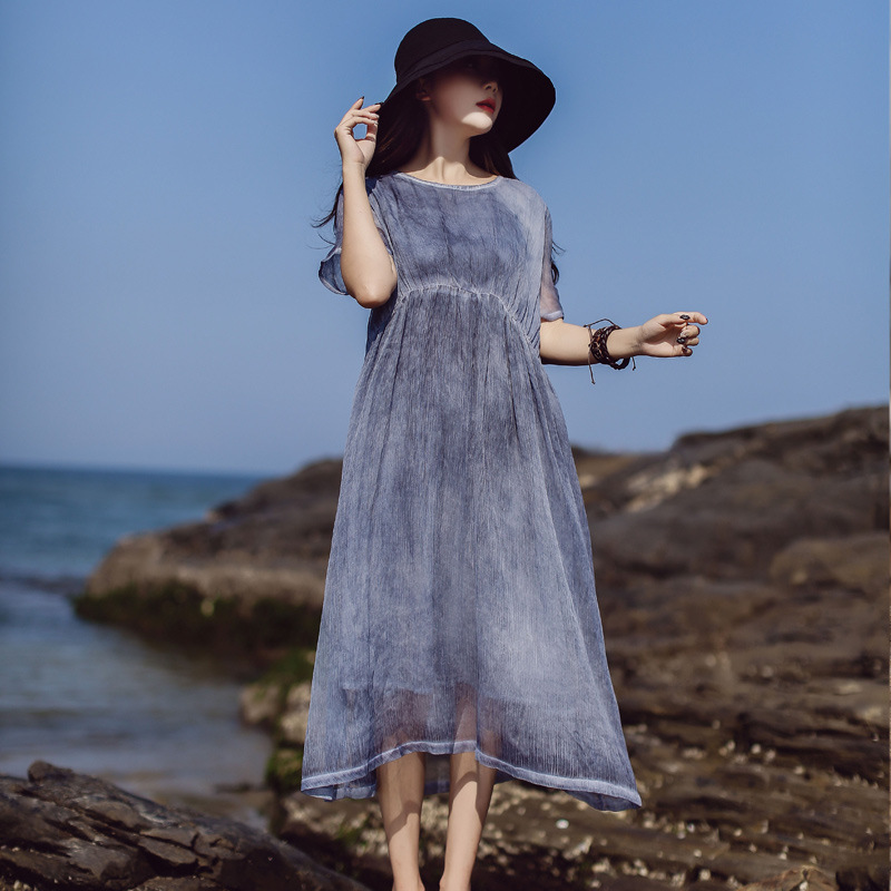 

NINI WONDERLAND Summer Casual Dress 2020 Women Dyeing Solid Classic Dresses Female Vintage Midi Dress Brief Comfortable Vestido, Blue